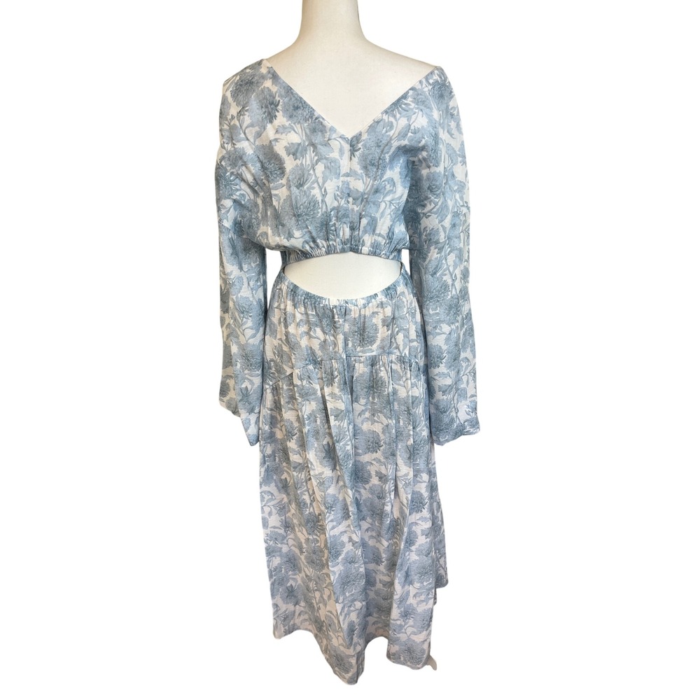 VINCE Dahlia Double V Neck Midi Dress Sz M Blue Floral Cutout Cottage Wedding - Picture 3 of 14